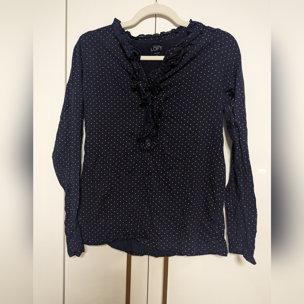Loft Cotton Polka Dot Frilly Blouse